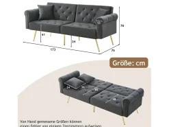 Sofá cama moderno de 2 plazas – 173 x 75 x 70 cm – Respaldo regulable en 3 niveles + patas de metal dorado – Terciopelo – Gris