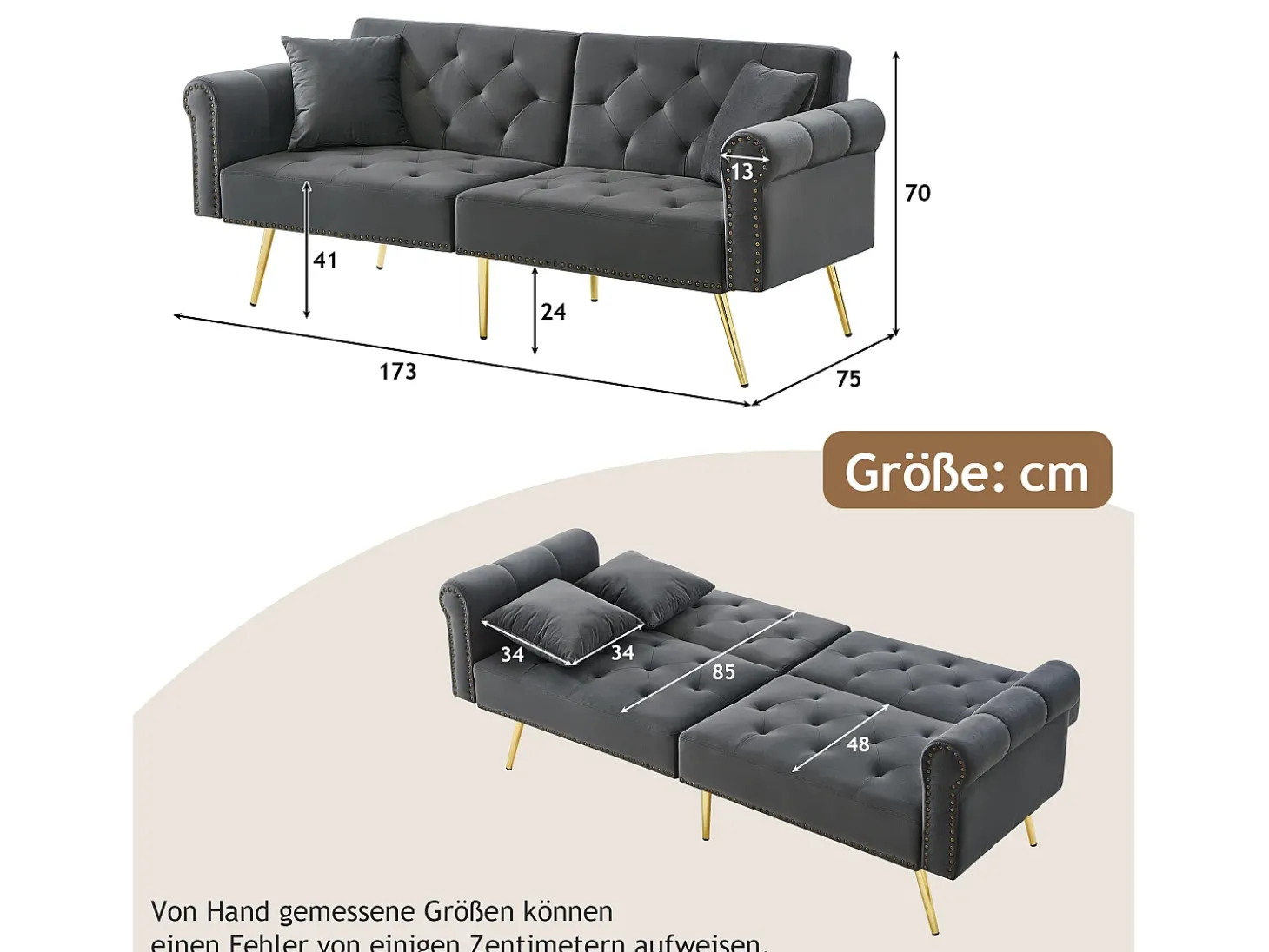 Sofá cama moderno de 2 plazas – 173 x 75 x 70 cm – Respaldo regulable en 3 niveles + patas de metal dorado – Terciopelo – Gris