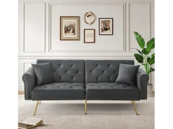 Sofá cama moderno de 2 plazas – 173 x 75 x 70 cm – Respaldo regulable en 3 niveles + patas de metal dorado – Terciopelo – Gris