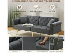 Sofá cama moderno de 2 plazas – 173 x 75 x 70 cm – Respaldo regulable en 3 niveles + patas de metal dorado – Terciopelo – Gris