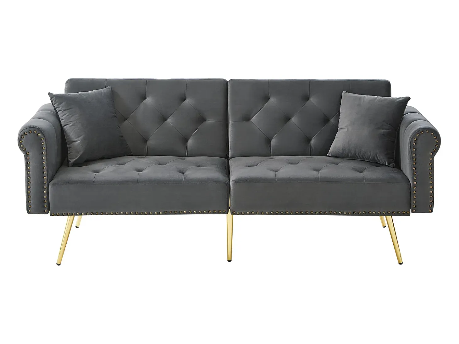 Sofá cama moderno de 2 plazas – 173 x 75 x 70 cm – Respaldo regulable en 3 niveles + patas de metal dorado – Terciopelo – Gris