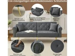 Sofá cama moderno de 2 plazas – 173 x 75 x 70 cm – Respaldo regulable en 3 niveles + patas de metal dorado – Terciopelo – Gris