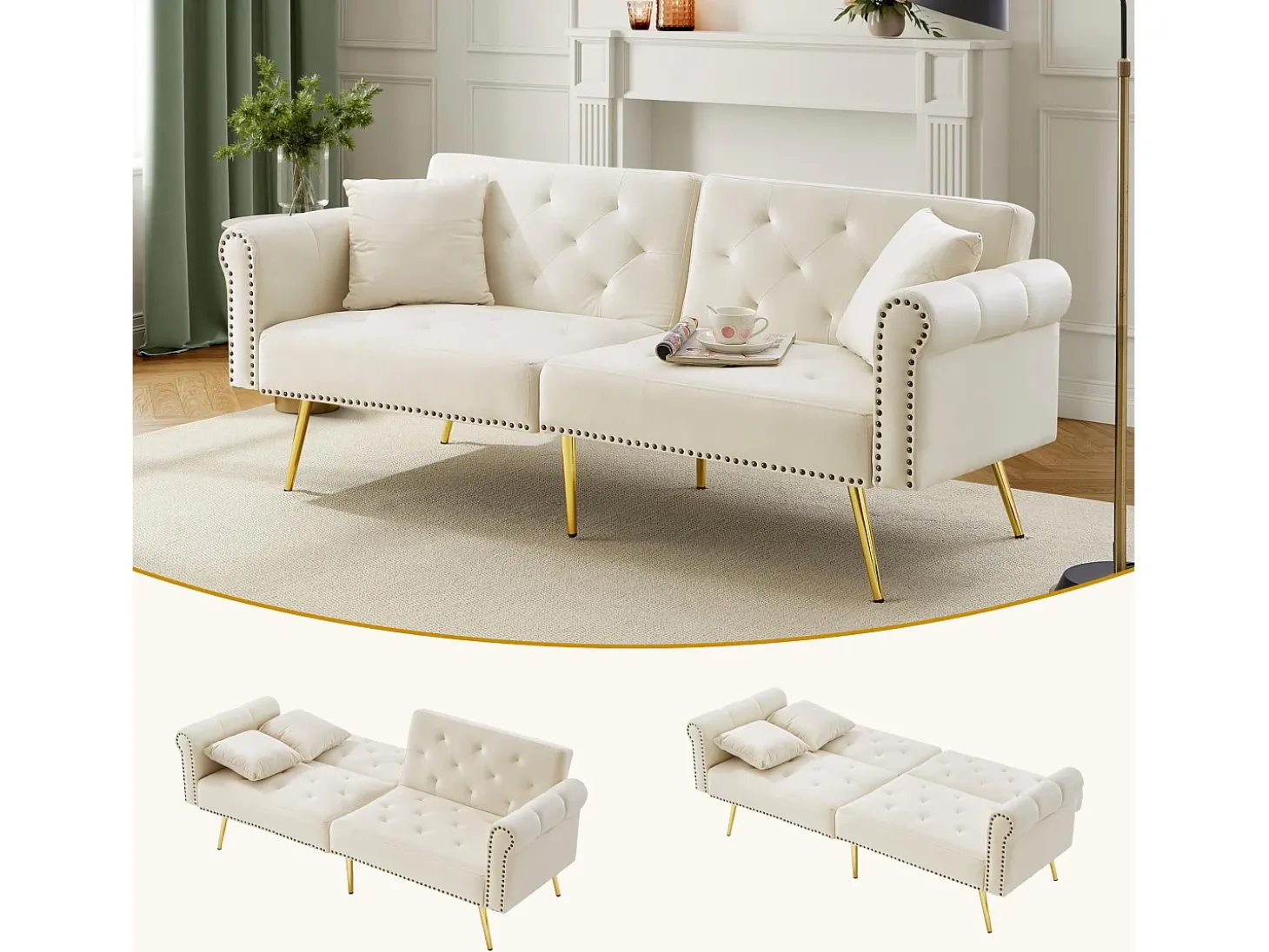 Sofá cama moderno de 2 plazas – 173 x 75 x 70 cm – Respaldo regulable en 3 niveles + patas de metal dorado – Terciopelo – Beige