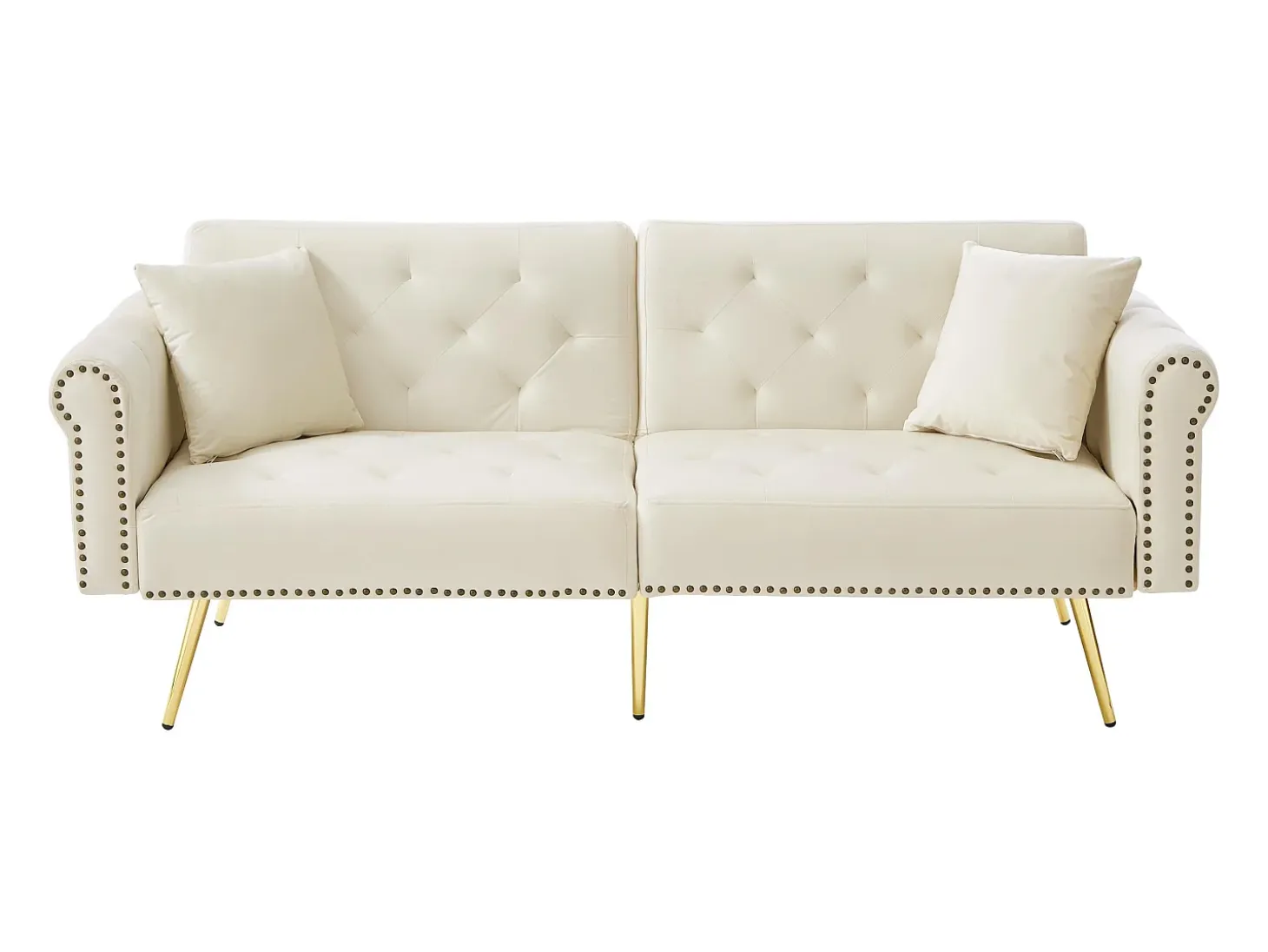 Sofá cama moderno de 2 plazas – 173 x 75 x 70 cm – Respaldo regulable en 3 niveles + patas de metal dorado – Terciopelo – Beige