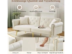 Sofá cama moderno de 2 plazas – 173 x 75 x 70 cm – Respaldo regulable en 3 niveles + patas de metal dorado – Terciopelo – Beige