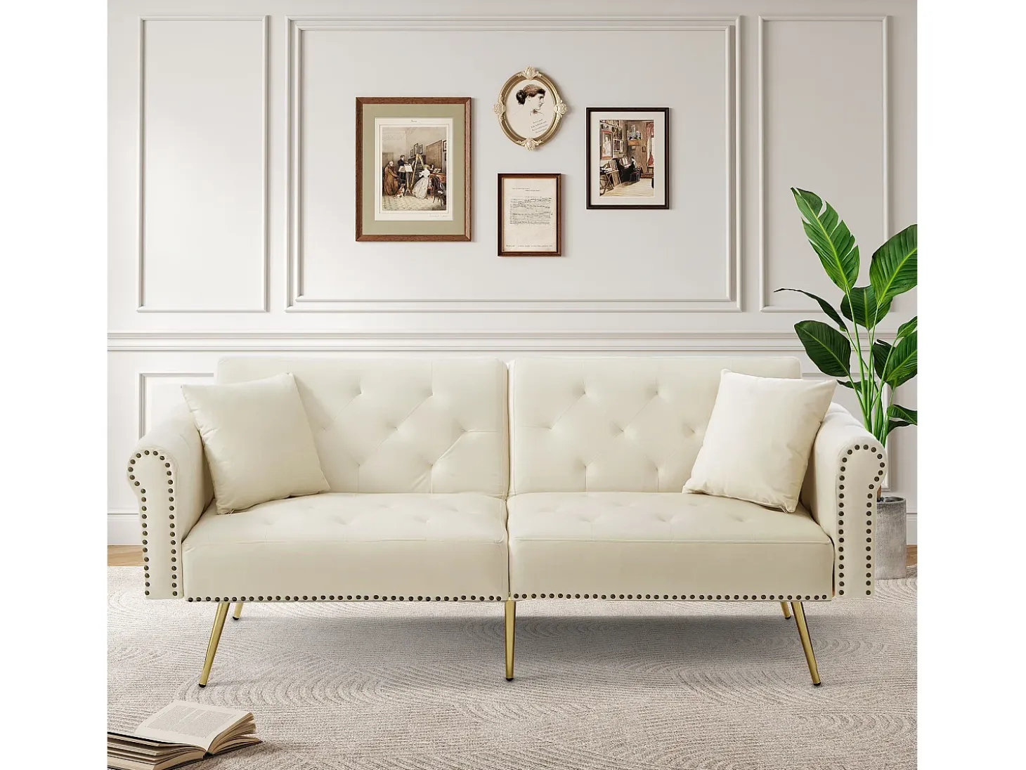 Sofá cama moderno de 2 plazas – 173 x 75 x 70 cm – Respaldo regulable en 3 niveles + patas de metal dorado – Terciopelo – Beige