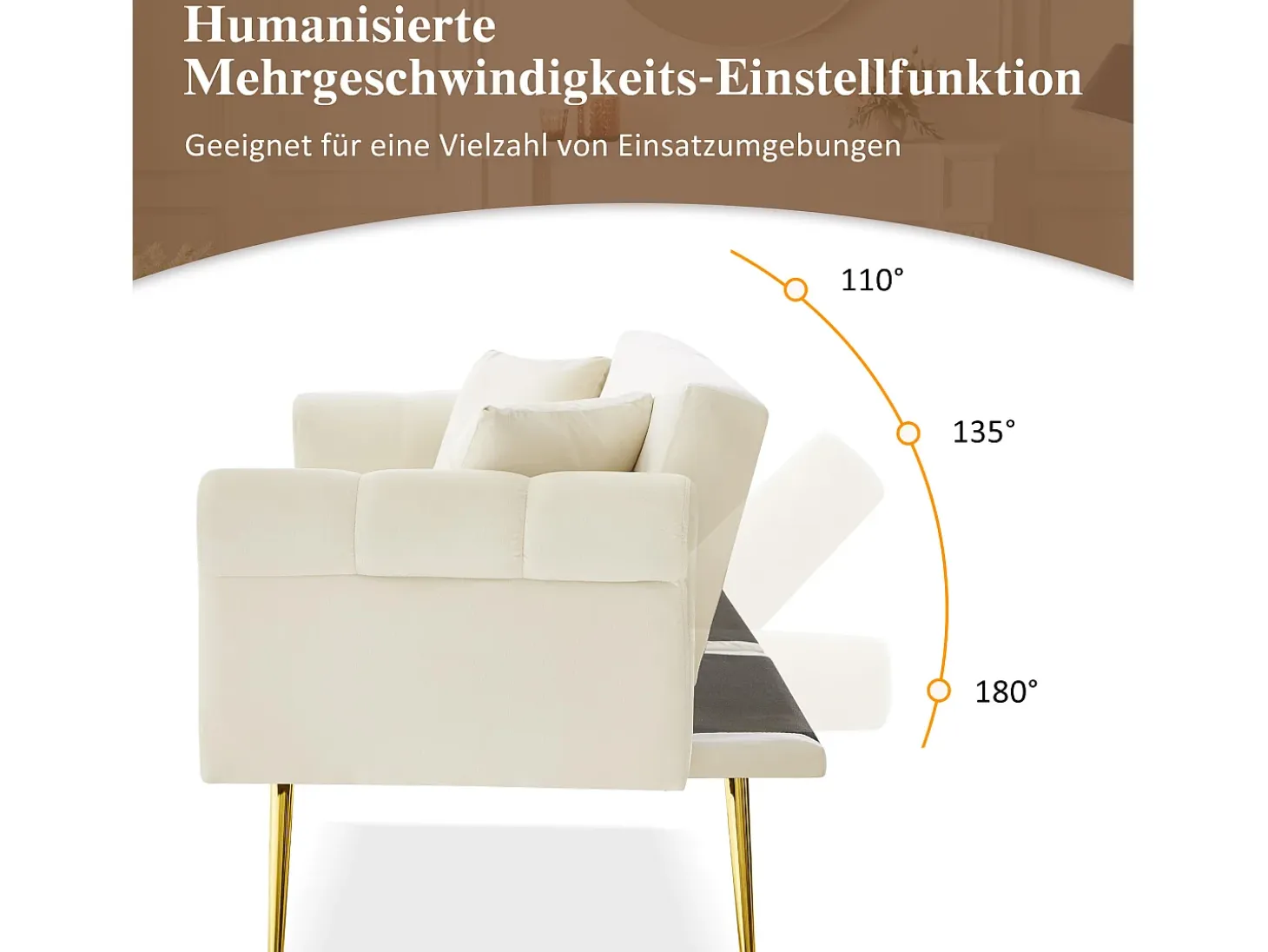 Sofá cama moderno de 2 plazas – 173 x 75 x 70 cm – Respaldo regulable en 3 niveles + patas de metal dorado – Terciopelo – Beige