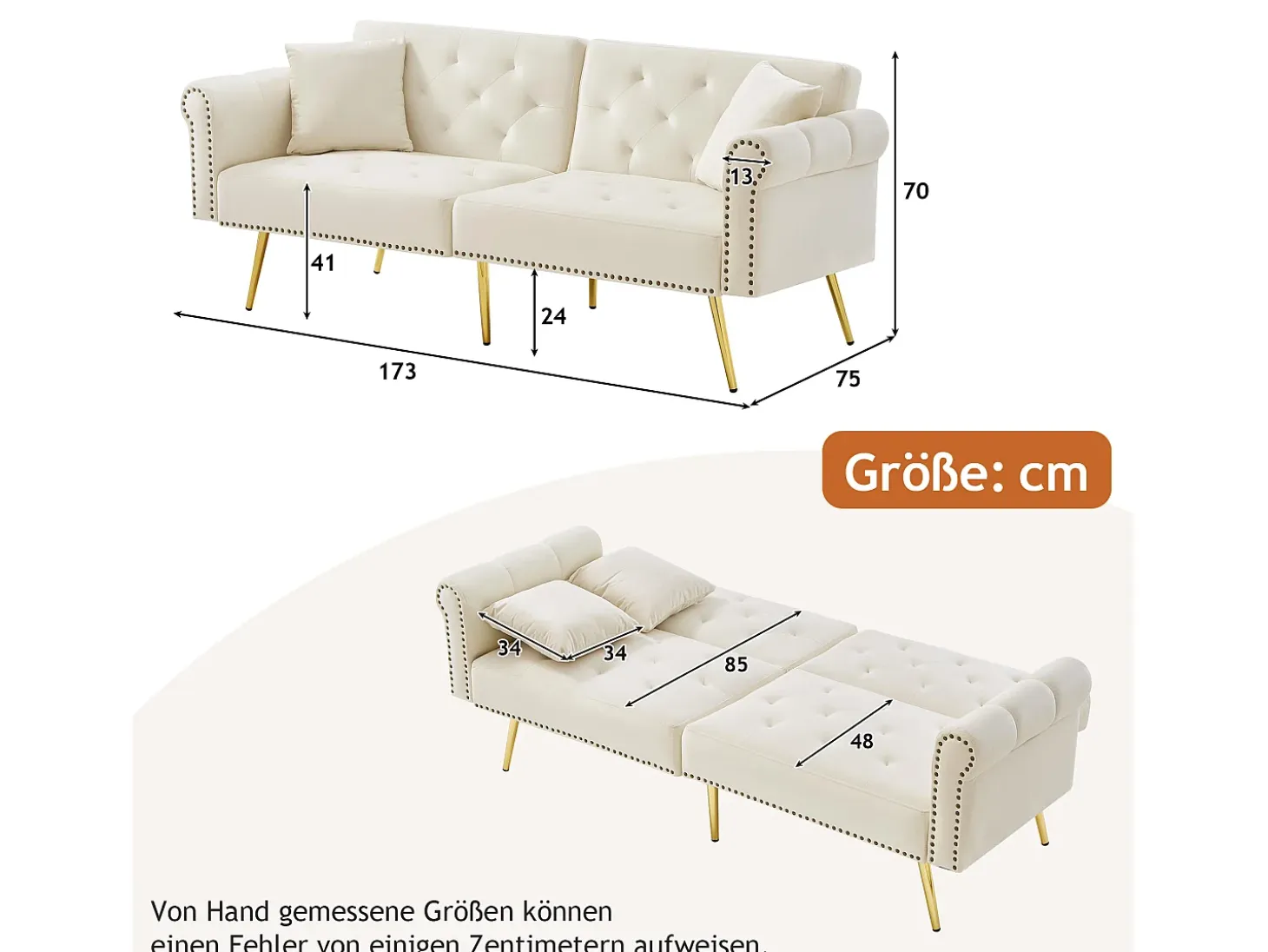 Sofá cama moderno de 2 plazas – 173 x 75 x 70 cm – Respaldo regulable en 3 niveles + patas de metal dorado – Terciopelo – Beige