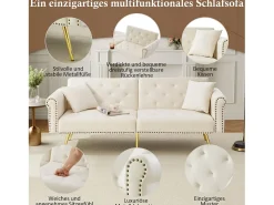 Sofá cama moderno de 2 plazas – 173 x 75 x 70 cm – Respaldo regulable en 3 niveles + patas de metal dorado – Terciopelo – Beige