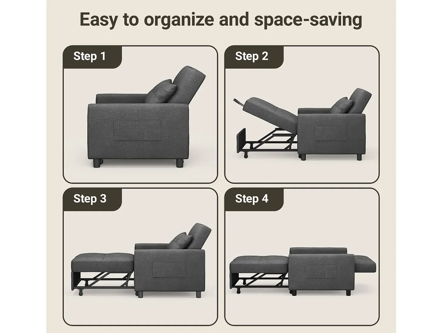Sofá Cama Plegable Bealife - Sillón Individual Convertible en Chaise Longue con Almohadilla Ajustable, Almacenamiento Integrado y Ruedas