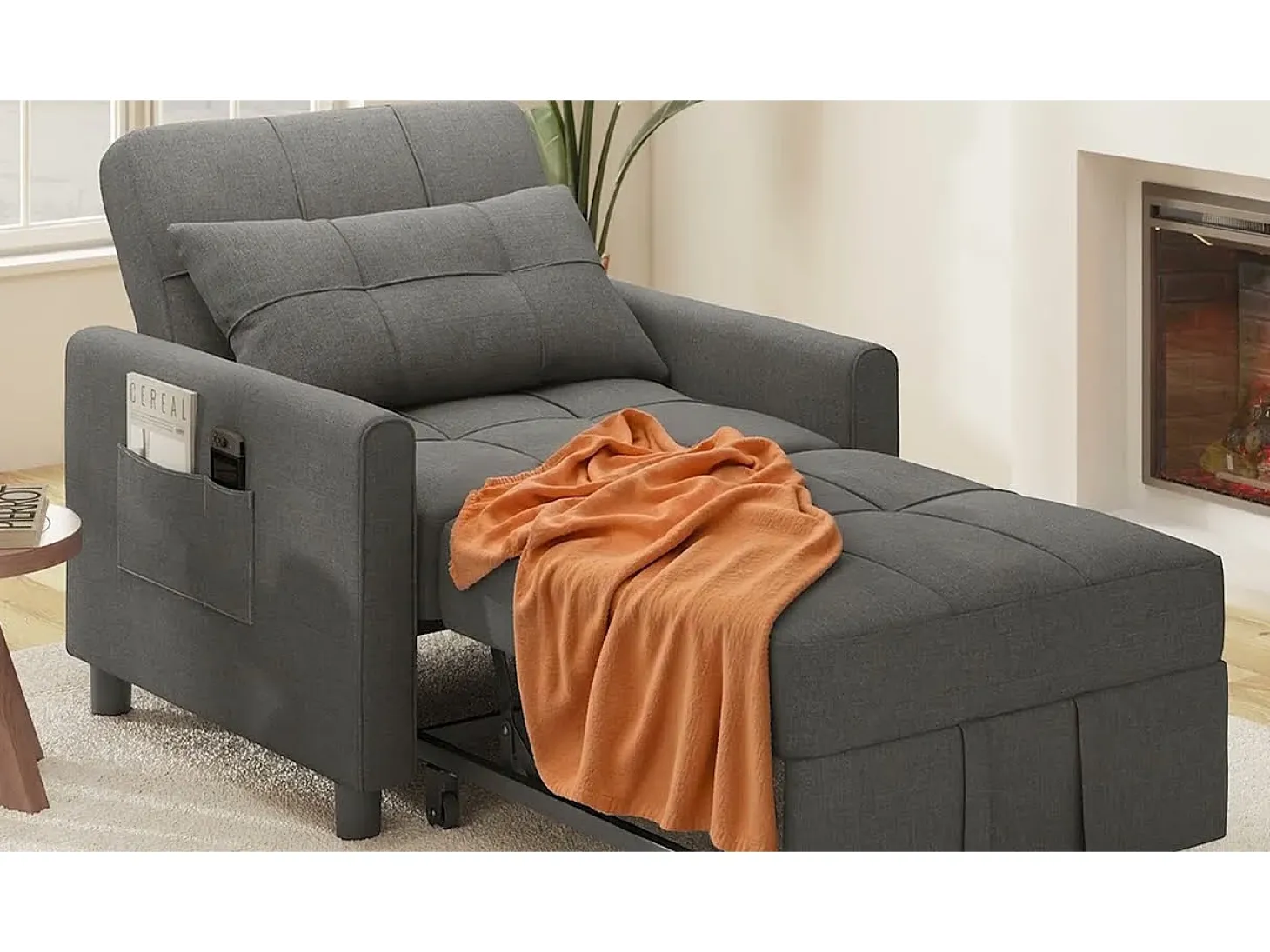 Sofá Cama Plegable Bealife - Sillón Individual Convertible en Chaise Longue con Almohadilla Ajustable, Almacenamiento Integrado y Ruedas