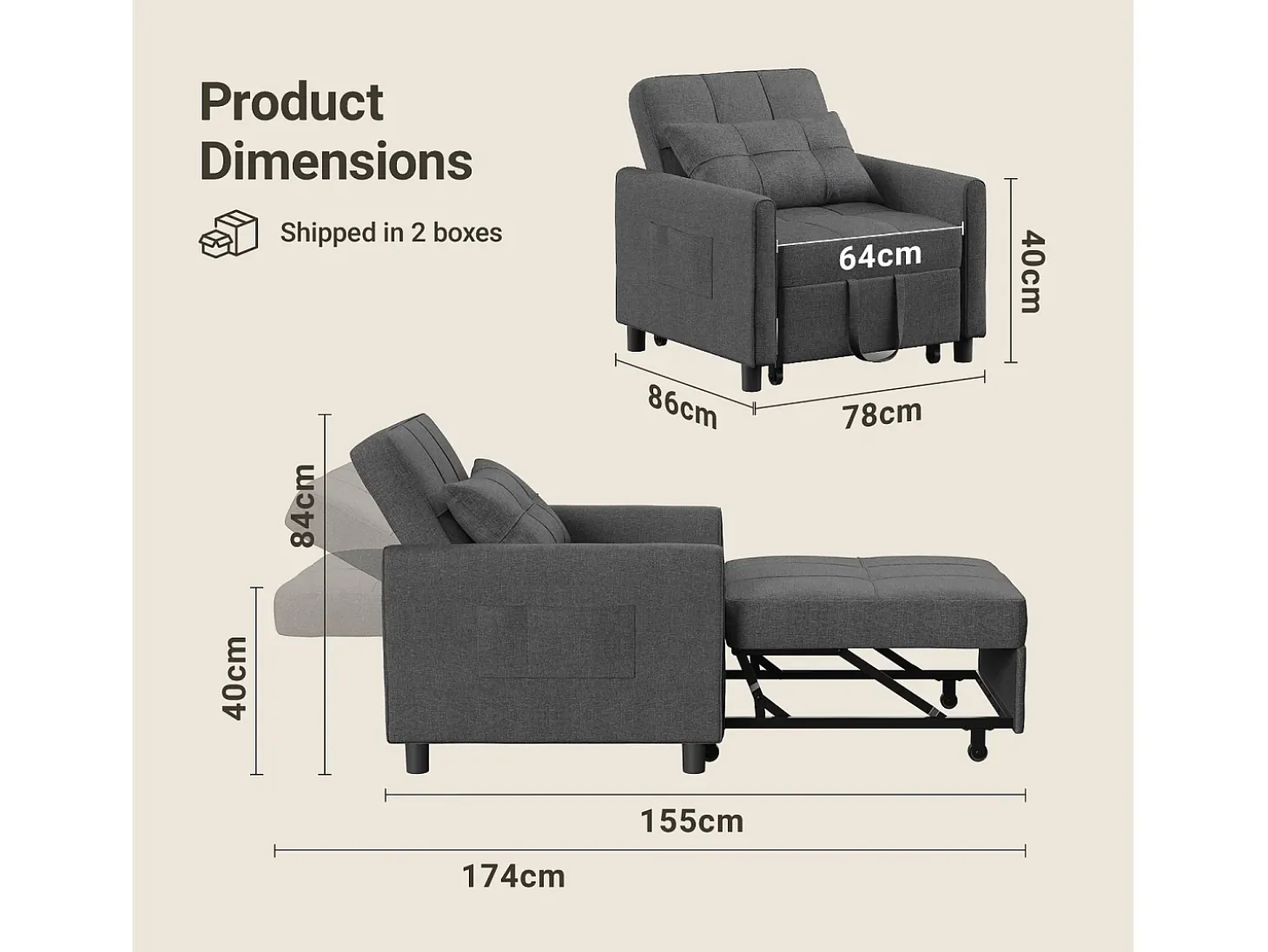 Sofá Cama Plegable Bealife - Sillón Individual Convertible en Chaise Longue con Almohadilla Ajustable, Almacenamiento Integrado y Ruedas