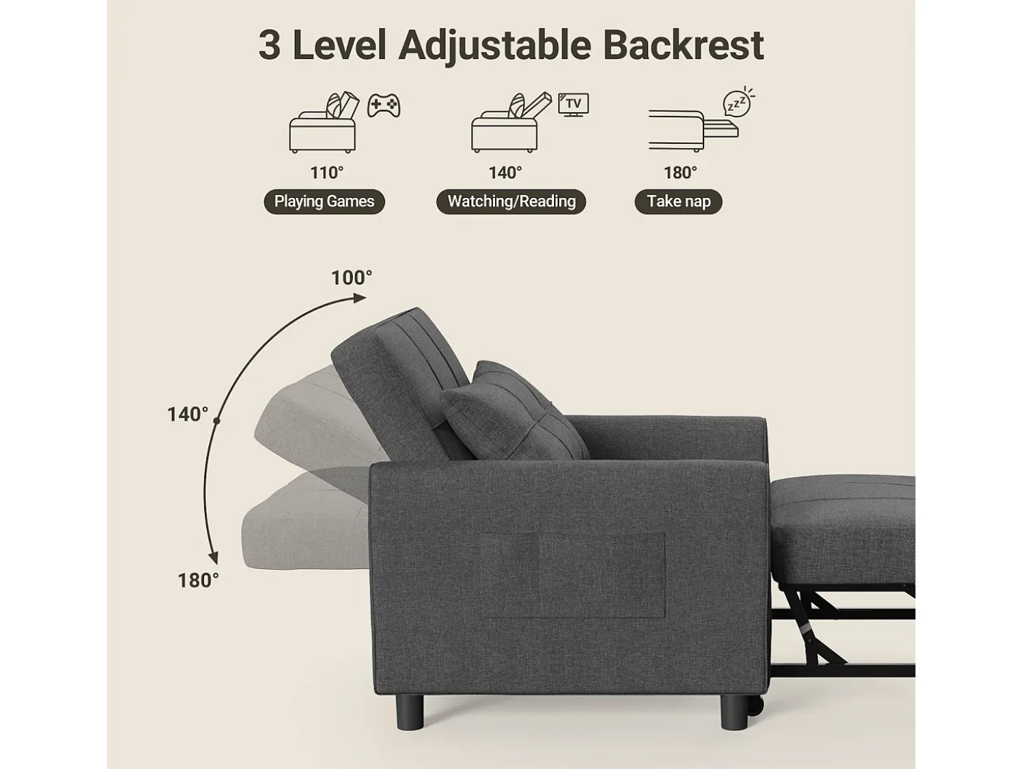 Sofá Cama Plegable Bealife - Sillón Individual Convertible en Chaise Longue con Almohadilla Ajustable, Almacenamiento Integrado y Ruedas