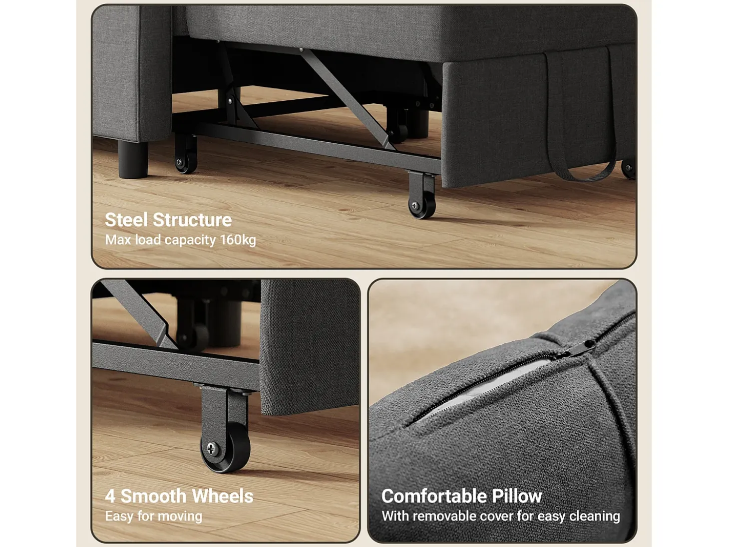 Sofá Cama Plegable Bealife - Sillón Individual Convertible en Chaise Longue con Almohadilla Ajustable, Almacenamiento Integrado y Ruedas