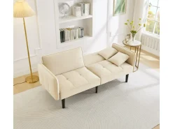 Sofá cama recto de 2 plazas en terciopelo beige con patas de madera negras, respaldo abatible - 176x78x76cm