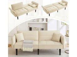 Sofá cama recto de 2 plazas en terciopelo beige con patas de madera negras, respaldo abatible - 176x78x76cm