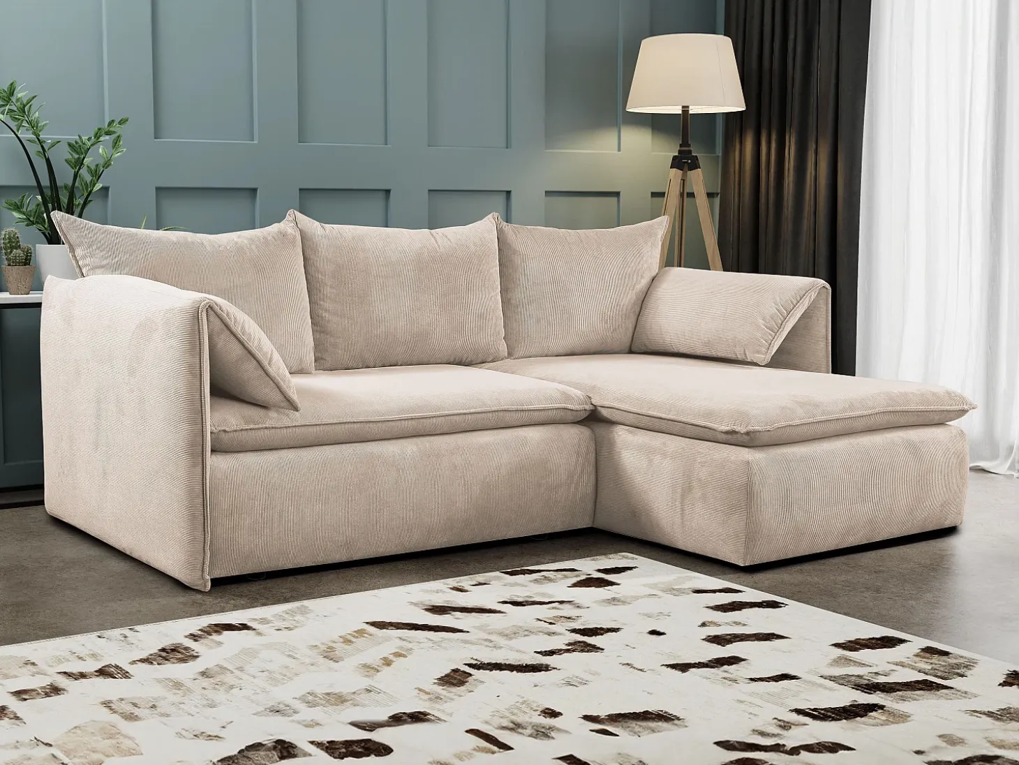 Sofá cama rinconera derecha de pana beige -TEODORA de Pascal Morabito