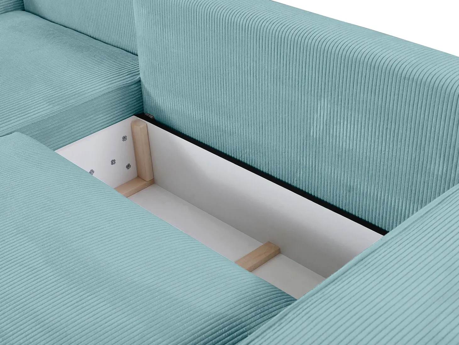 Sofá cama rinconera izquierda de pana azul turquesa - AMELIA