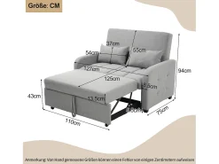 Sofá convertible con brazos y respaldo regulable - lino gris - para salón y dormitorio