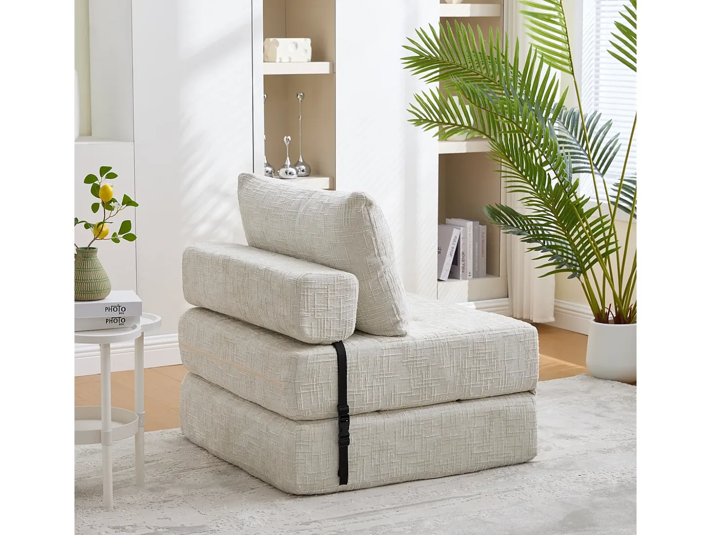 Sofá convertible con cojines lumbares y reposacabezas, chenilla beige - para salón y dormitorio