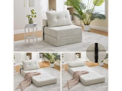 Sofá convertible con cojines lumbares y reposacabezas, chenilla beige - para salón y dormitorio
