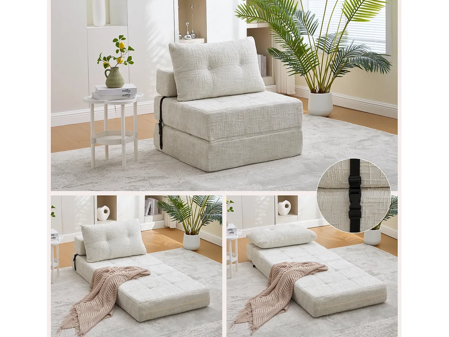 Sofá convertible con cojines lumbares y reposacabezas, chenilla beige - para salón y dormitorio