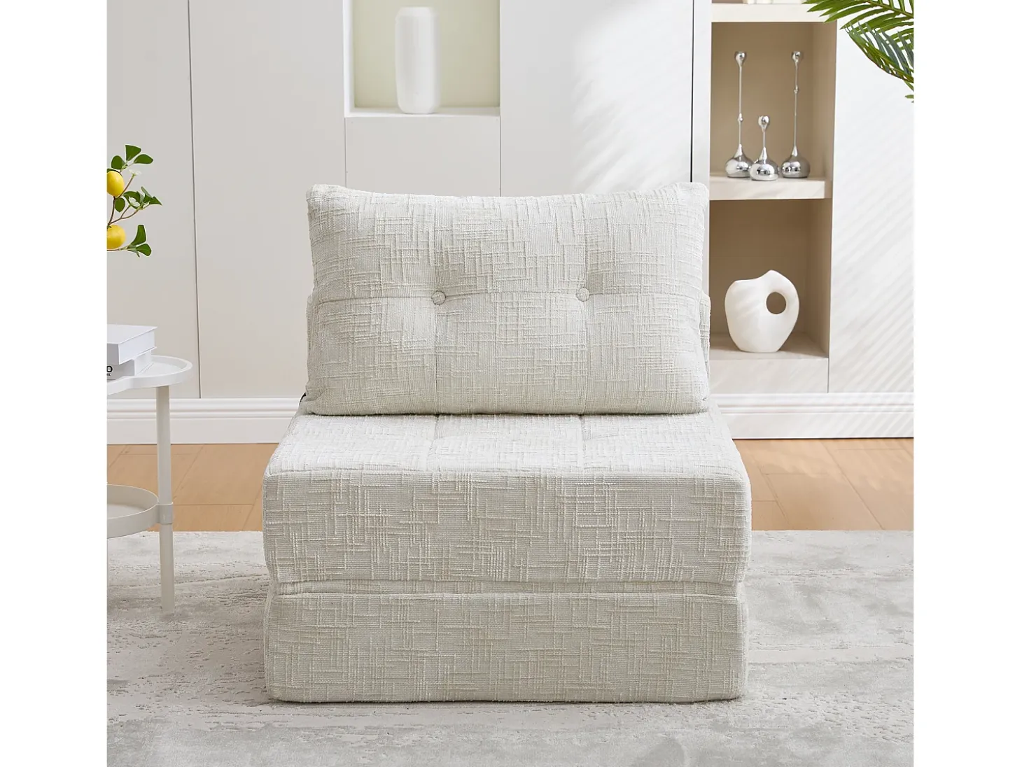 Sofá convertible con cojines lumbares y reposacabezas, chenilla beige - para salón y dormitorio