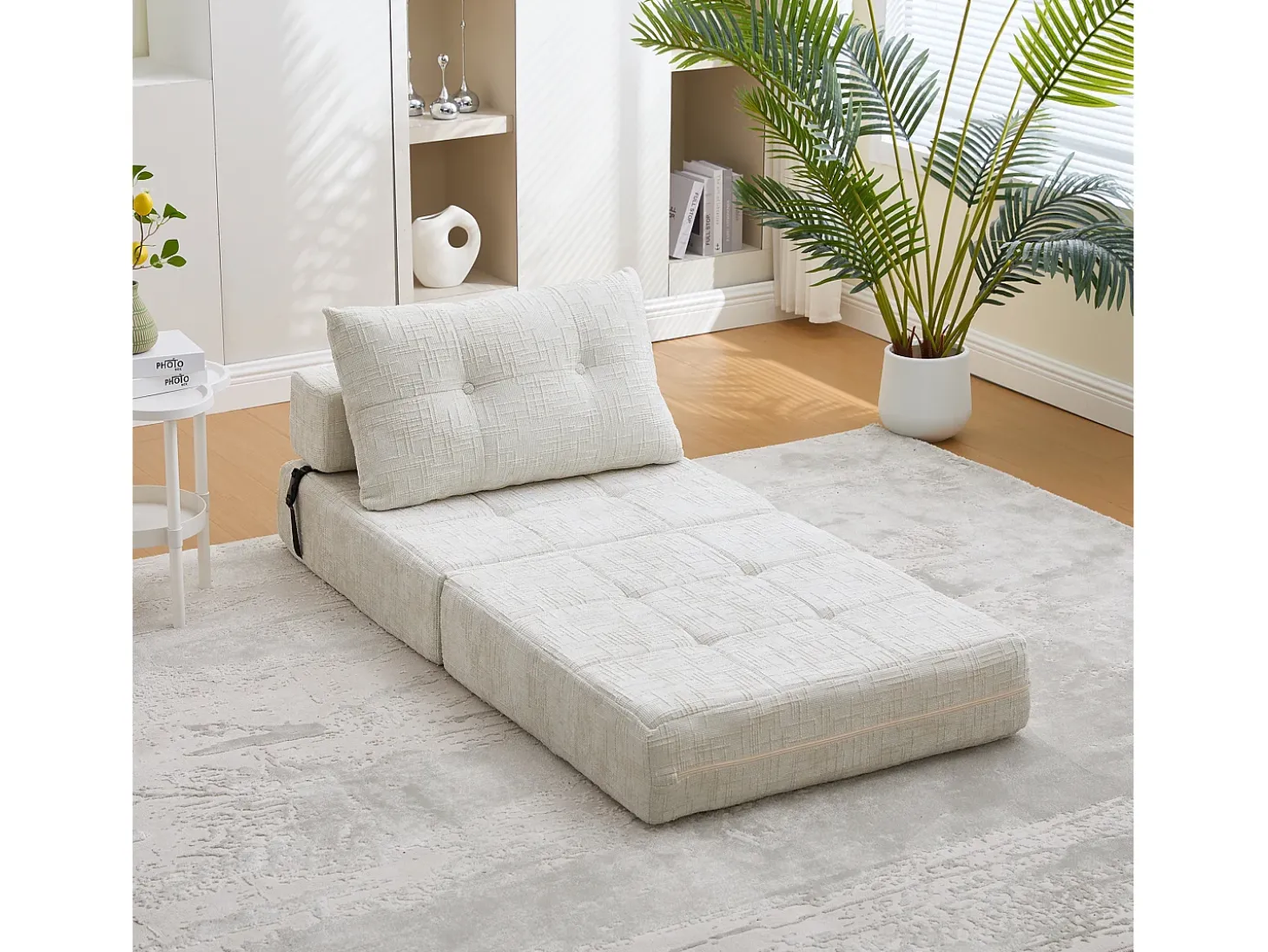 Sofá convertible con cojines lumbares y reposacabezas, chenilla beige - para salón y dormitorio