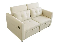 Sofá convertible de 2 plazas con puerto USB y cojines - Respaldo regulable - Tejido de algodón y lino - Beige