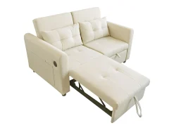 Sofá convertible de 2 plazas con puerto USB y cojines - Respaldo regulable - Tejido de algodón y lino - Beige