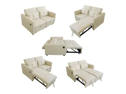 Sofá convertible de 2 plazas con puerto USB y cojines - Respaldo regulable - Tejido de algodón y lino - Beige