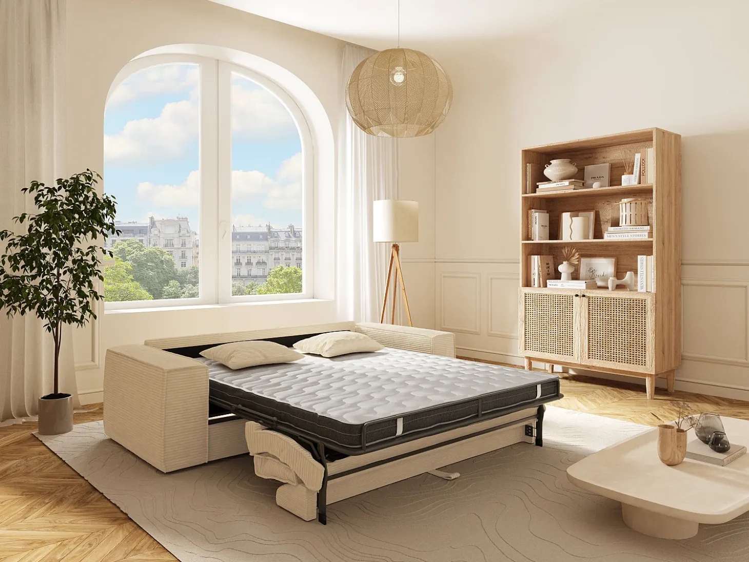 Sofá convertible express AMELIA de 4 plazas en pana beige, 160 cm, colchón viscoelástico de 13 cm