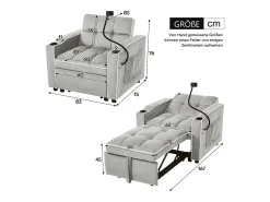 Sofá convertible individual de terciopelo gris claro con soporte para teléfono y portavasos, ideal para salón y dormitorio