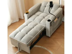 Sofá convertible individual de terciopelo gris claro con soporte para teléfono y portavasos, ideal para salón y dormitorio