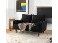 Sofá de 2 a la plantilla - con 2 cojines - en terciopelo - Pies de madera - para dormitorio, sala de estar - 142x76x69cm - negro