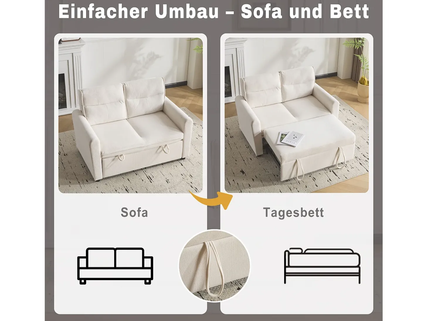 Sofá de 2 plazas - 127 x 90 x 87 cm - Sofá cama extraíble + Respaldo ajustable + Cojines - Terciopelo - Beige