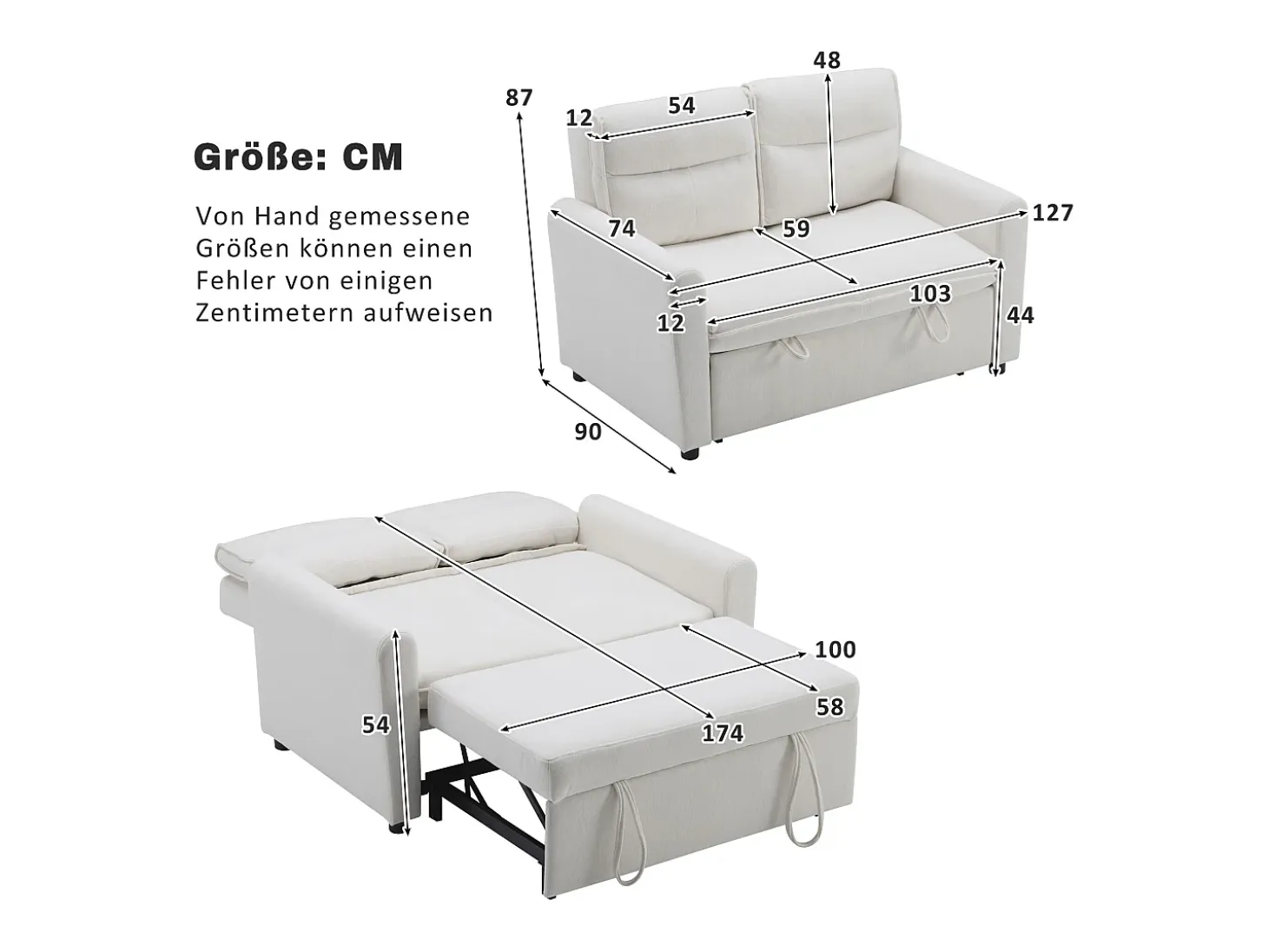 Sofá de 2 plazas - 127 x 90 x 87 cm - Sofá cama extraíble + Respaldo ajustable + Cojines - Terciopelo - Beige