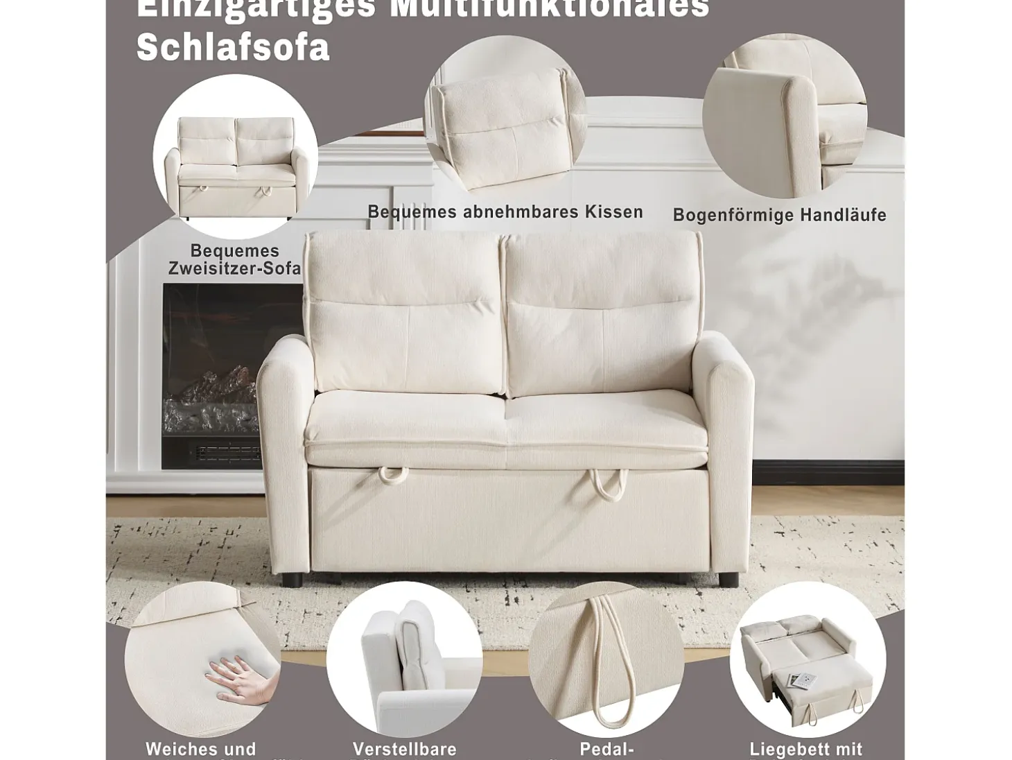Sofá de 2 plazas - 127 x 90 x 87 cm - Sofá cama extraíble + Respaldo ajustable + Cojines - Terciopelo - Beige