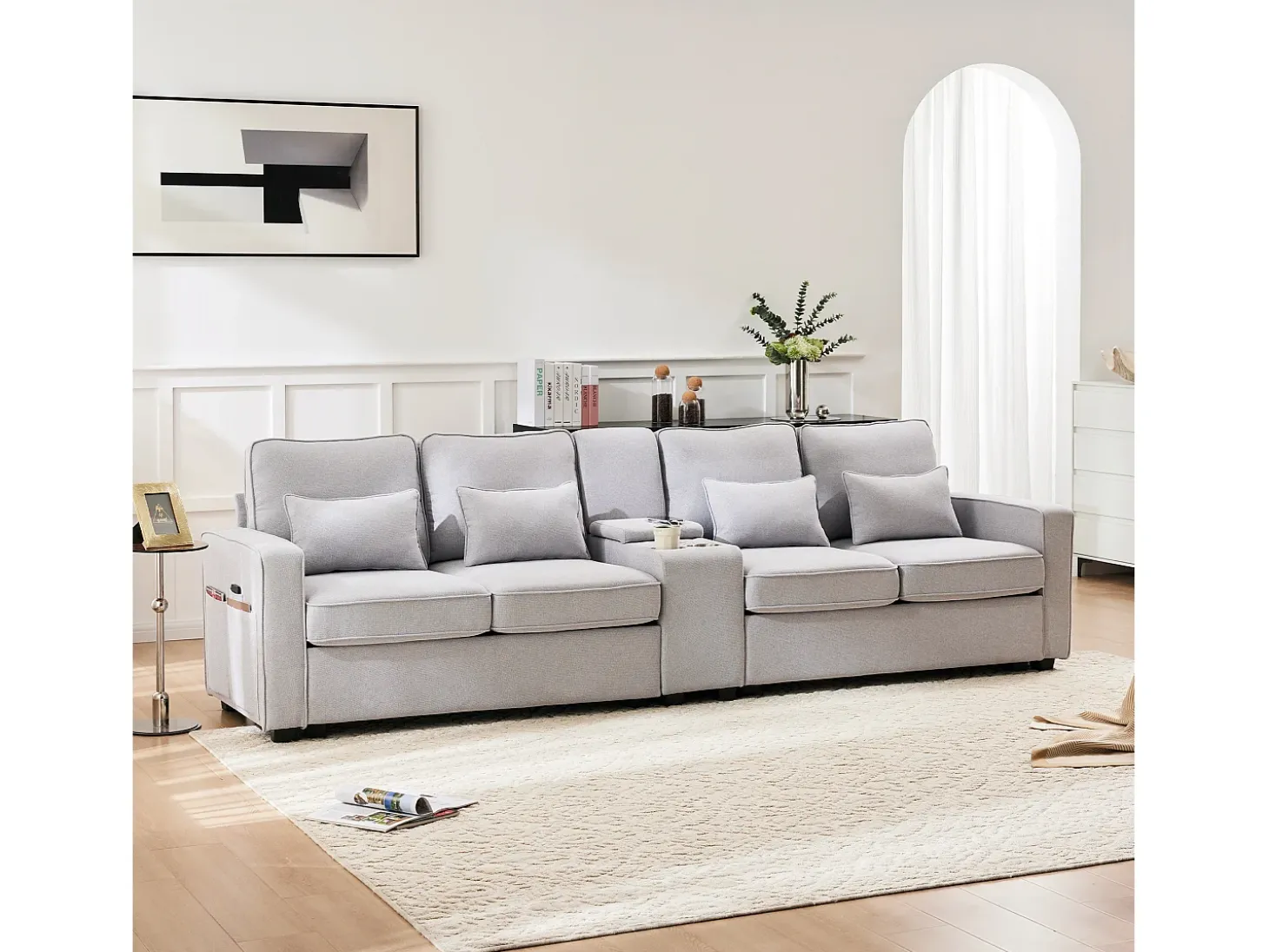 Sofá de 4 plazas - 290 x 83 x 88 cm - con 2 portavasos, 2 puertos USB, 2 bolsillos y 4 cojines - Tela de lino - Gris