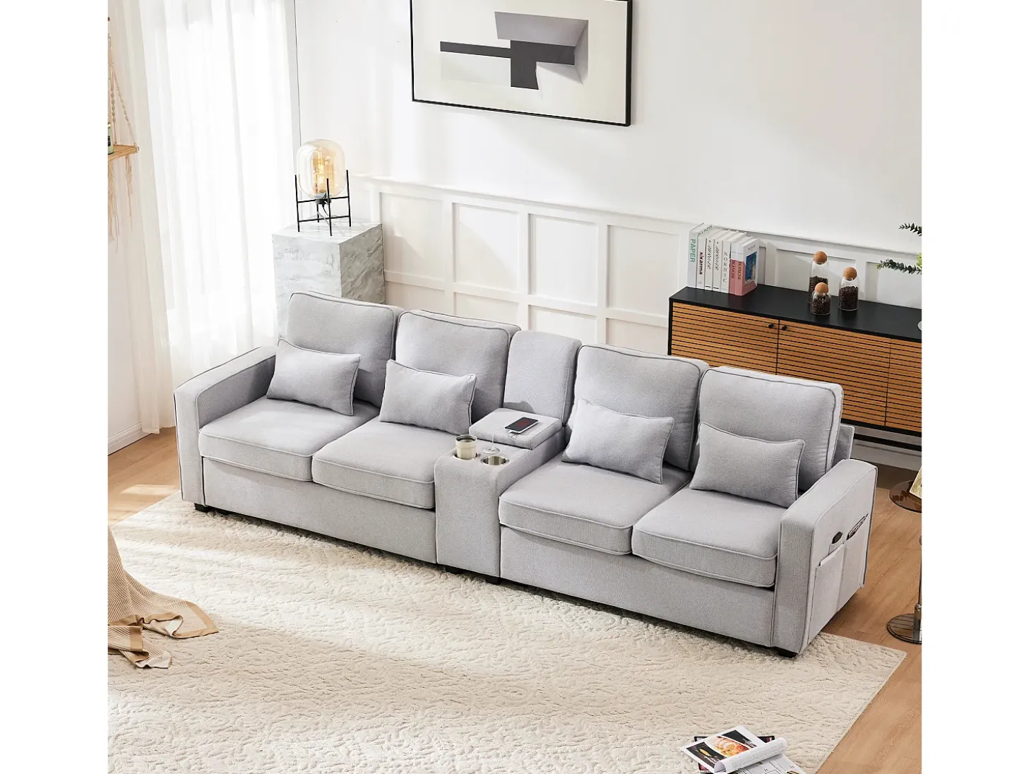Sofá de 4 plazas - 290 x 83 x 88 cm - con 2 portavasos, 2 puertos USB, 2 bolsillos y 4 cojines - Tela de lino - Gris