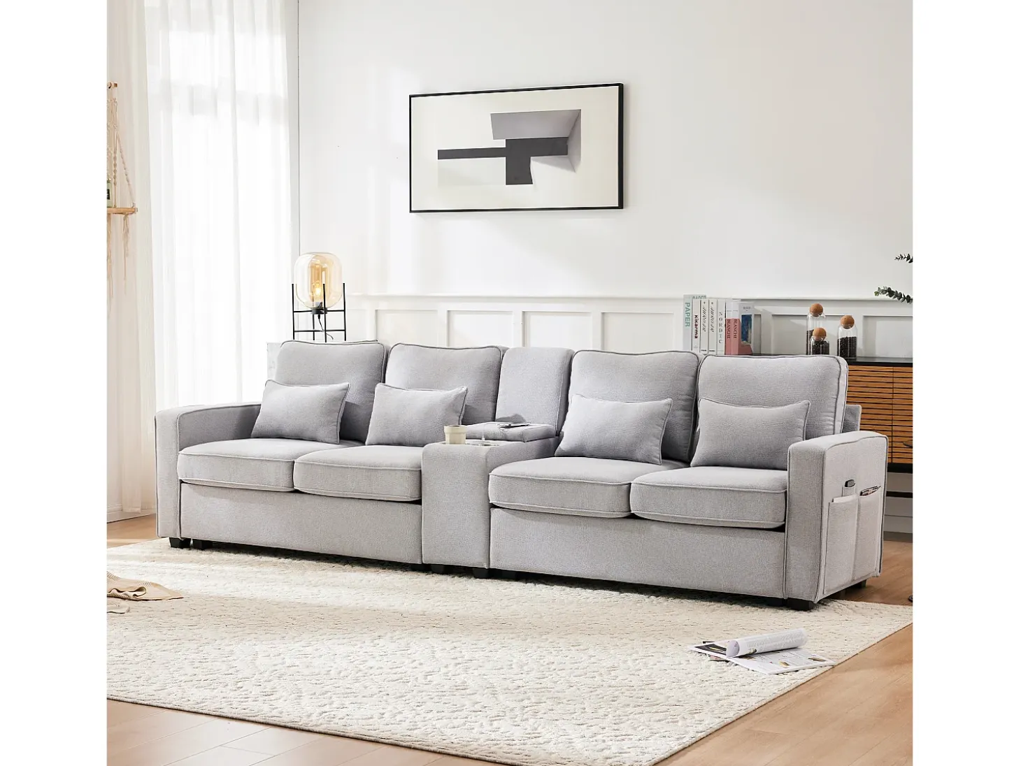 Sofá de 4 plazas - 290 x 83 x 88 cm - con 2 portavasos, 2 puertos USB, 2 bolsillos y 4 cojines - Tela de lino - Gris