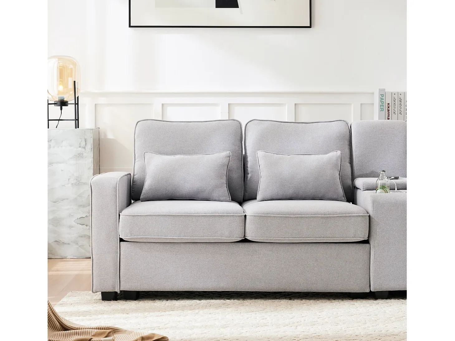 Sofá de 4 plazas - 290 x 83 x 88 cm - con 2 portavasos, 2 puertos USB, 2 bolsillos y 4 cojines - Tela de lino - Gris