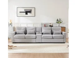 Sofá de 4 plazas - 290 x 83 x 88 cm - con 2 portavasos, 2 puertos USB, 2 bolsillos y 4 cojines - Tela de lino - Gris