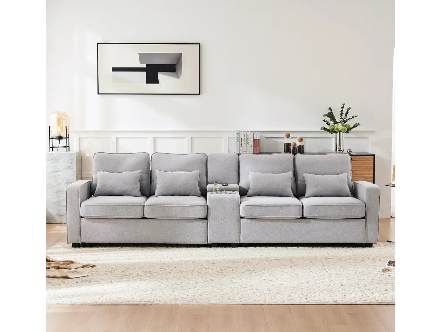 Sofá de 4 plazas - 290 x 83 x 88 cm - con 2 portavasos, 2 puertos USB, 2 bolsillos y 4 cojines - Tela de lino - Gris