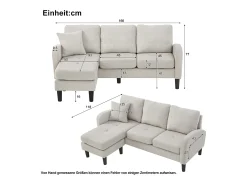 Sofá de 3 plazas con chaise longue – Sofá esquinero con bolsillos laterales – Tejido de algodón y lino beige