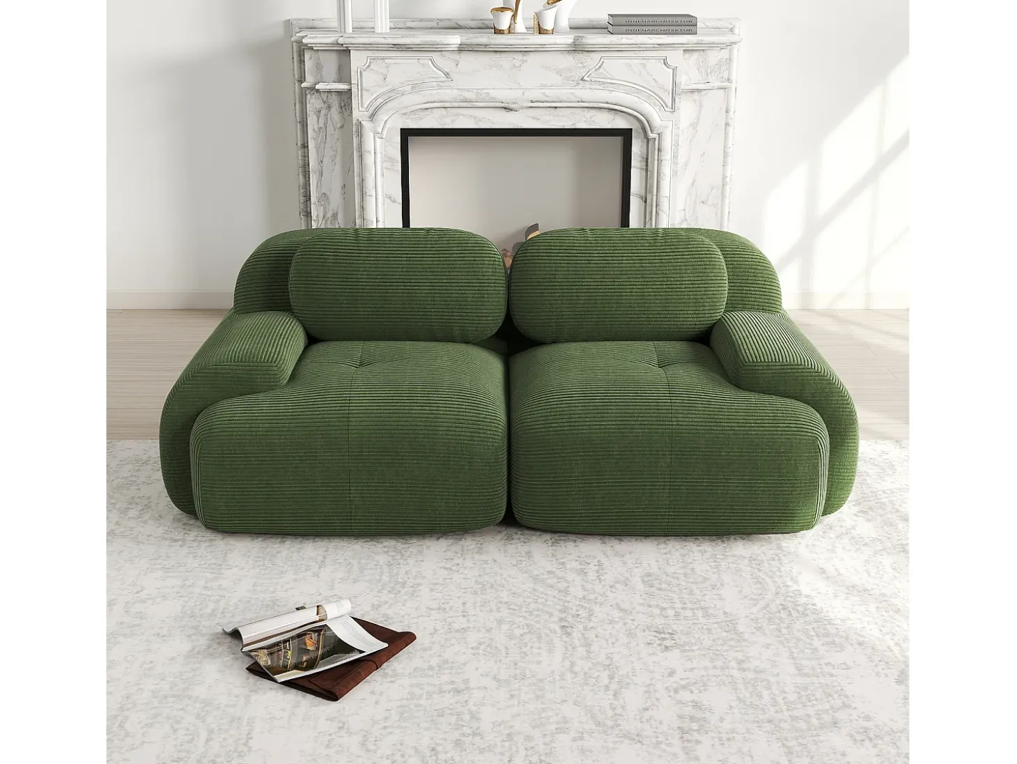 Sofá de 2 plazas con cojines - Sofá recto con reposabrazos curvos y cojines decorativos - pana verde