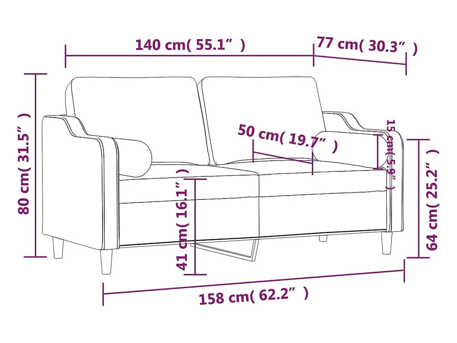 Sofá de 2 plazas con cojines tela negro 140 cm