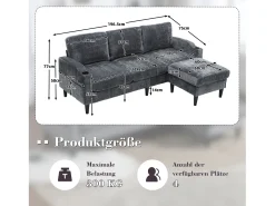 Sofá de 4 plazas con reposapiés - 196,5 x 75 x 77 cm - con almacenaje + reposabrazos - terciopelo - gris