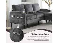 Sofá de 4 plazas con reposapiés - 196,5 x 75 x 77 cm - con almacenaje + reposabrazos - terciopelo - gris