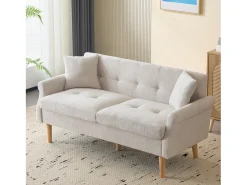 Sofá de 2 plazas con reposabrazos y cojines, chenilla beige, patas de madera - para salón y dormitorio